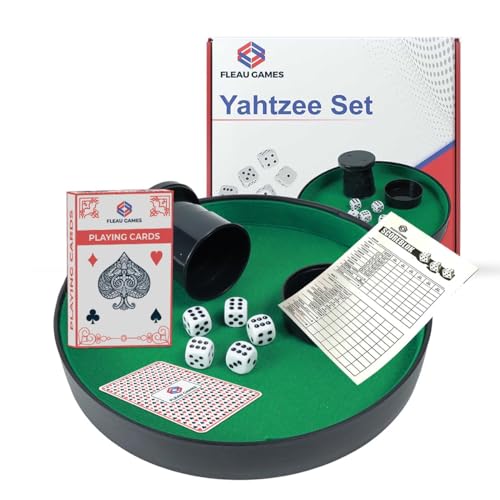 Fleau Games Yahtzee-Set – Würfeltablett – 100 Punkteblätter – Würfelset – Brettspiel – Pokerbahn – Würfelspiel (Würfelset mit Kartenset) von Fleau