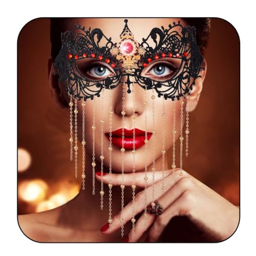 Flimire Spitzen-Masken für Damen, Strass, Quaste, Spinne, Augenmaske, Perlen, Halloween-Kostüm, Party, Spitzenball-Maske (rot) von Flimire
