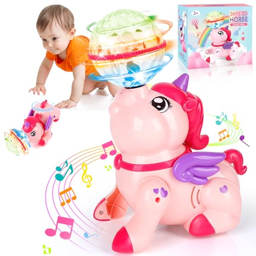Einhorn-Baby Spielzeug Für Tummy Time - Sensorik Spielzeug Für Säuglinge Mit Musik, LED-Lichtern & 360°Dreh-Krabbelfunktion–Förderung Von Bewegung & Motorik, Geschenke Für Jungen&Mädchen ​​Ab 3（Pink） von Flintosky
