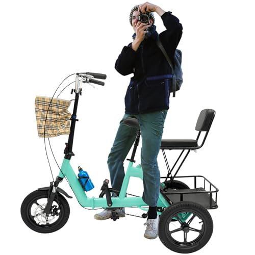 Dreirad für Erwachsene - 14-Zoll Faltbares Dreirad, Premium-Fahrrad mit Abnehmbaren Aufbewahrungskörbe - Multifunktionales Dreirad Einstellbare (Cyan, Schwarz) von Fliuyr