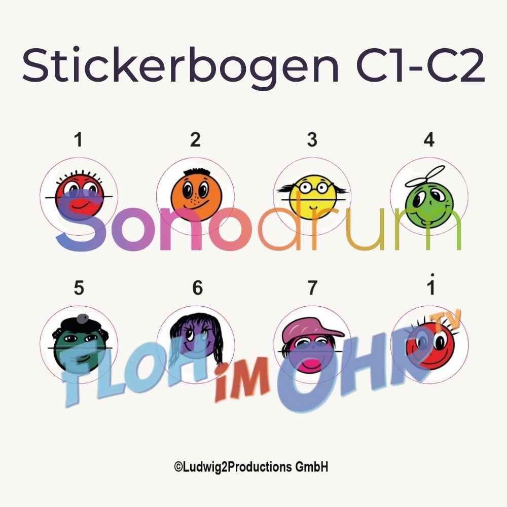 Sonodrum Let’s Play Zungentrommel - Stickerbogen einzeln für alle 8-Zungen Zungentrommeln (C1–C2) - Floh im Ohr TV von FlohImOhrTV