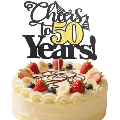 Flomiara 1 x Tortenaufsatz "Happy 50th Birthday", Schwarz / Gold, Glitzer, Prost bis 50 Jahre Geburtstag, Kuchendekoration für Happy 50th Birthday Anniversary Party Supplies von Flomiara