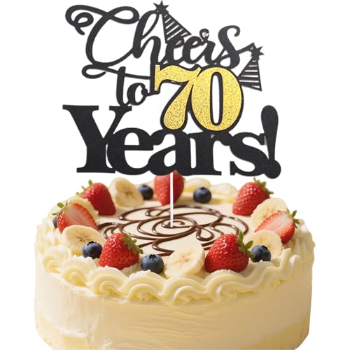 Flomiara 1 x Tortenaufsatz "Happy 70th Birthday", Schwarz / Gold, Glitzer, Prost bis 70 Jahre Geburtstag, Kuchendekoration für 70. Geburtstag, Partyzubehör von Flomiara