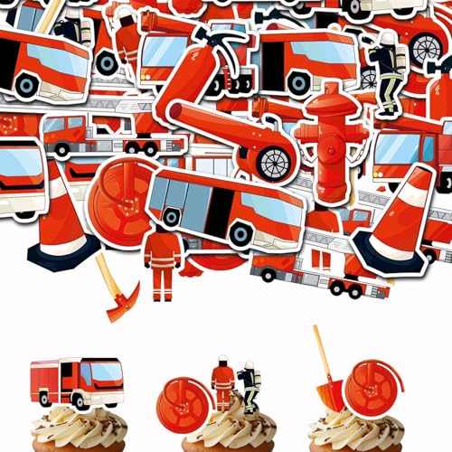 Flomiara 80 Stück Feuerwehrauto-Cupcake-Topper, essbare Kuchendekoration, Kuchendekoration, Feuerwehrauto-Cupcake-Topper mit Box für Geburtstag, Hochzeit, Jahrestag, Babyparty, Partyzubehör, Rot von Flomiara