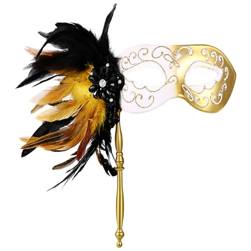 Flongo Maskerade Federmaske mit Stab für Damen: Venezianische Gold Glitzertextur Zweifarbige Maske in Weiß und Gold mit Kristall für Karneval Halloween Abnehmbare Federn Design Handgehaltene Flongo Maskerade Federmaske mit Stab für Damen: Venezianische Gold Glitzertextur Zweifarbige Maske in Weiß und Gold mit Kristall für Karneval Halloween Abnehmbare Federn Design Handgehaltene von Flongo