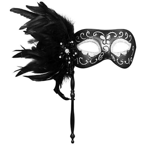 Flongo Maskerade Federmaske mit Stab für Damen: Venezianische Silberne Glitzertextur Maske mit Kristall für Karneval Halloween Fasching Abnehmbare Federn Design Handgehaltene Schwarze maske Flongo Maskerade Federmaske mit Stab für Damen: Venezianische Silberne Glitzertextur Maske mit Kristall für Karneval Halloween Fasching Abnehmbare Federn Design Handgehaltene Schwarze maske von Flongo