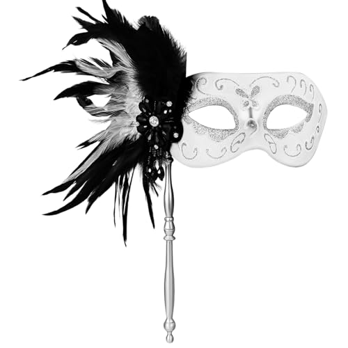 Flongo Maskerade Federmaske mit Stab für Damen: Venezianische Silberne Glitzertextur Maske mit Kristall für Karneval Halloween Fasching Abnehmbare Schwarze Federn Design Handgehaltene Weiß maske Flongo Maskerade Federmaske mit Stab für Damen: Venezianische Silberne Glitzertextur Maske mit Kristall für Karneval Halloween Fasching Abnehmbare Schwarze Federn Design Handgehaltene Weiß maske von Flongo