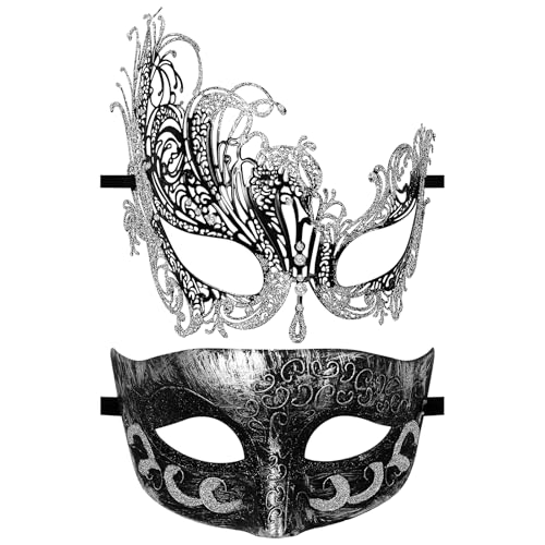 Flongo Maskerade Maske Metallmaske für Paare: 2 Stück Venezianische Silber Metall Hohlmaske mit Strass Glitzertextur Liebhaber Verstellbare Kostümmasken für Karneval Halloween Hochzeit Flongo Maskerade Maske Metallmaske für Paare: 2 Stück Venezianische Silber Metall Hohlmaske mit Strass Glitzertextur Liebhaber Verstellbare Kostümmasken für Karneval Halloween Hochzeit von Flongo