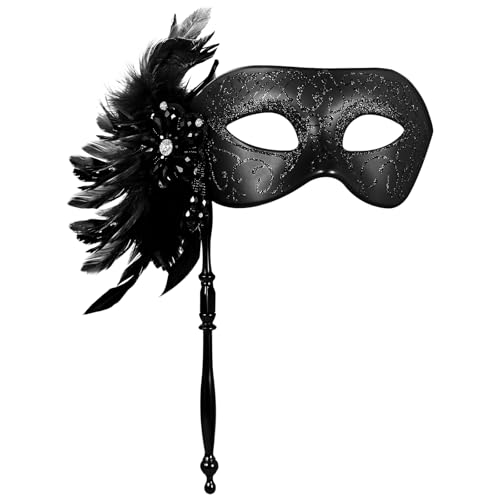 Flongo Maskerade Maske mit Stab für Damen: Schwarze Venezianische Federmaske Glitzertextur mit Kristall für Karneval Halloween Fasching Abnehmbare Federn Design Handgehaltene Ballmaske von Flongo