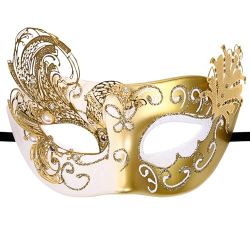 Flongo Pfau Maskerade Maske für Damen: Gold Venezianische Metall Halbmaske mit Schmetterling Design Glitzertextur maske Mit Perlen und Kristall Fasching Karneval Hochzeit Kostüm Accessoire von Flongo