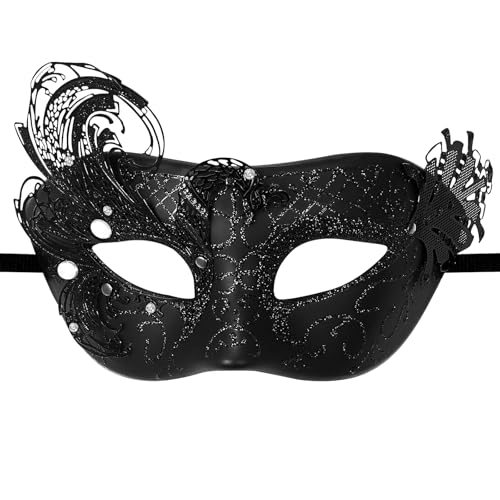 Flongo Pfau Maskerade Maske für Damen: Schwarze Venezianische Halbmaske mit Schmetterling Design Glitzertextur maske mit Perlen und Kristall Fasching Karneval Halloween Hochzeit Kostüm Accessoire von Flongo