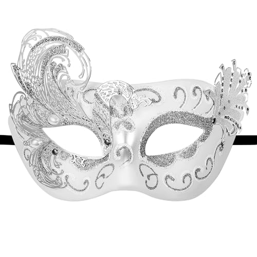 Flongo Pfau Maskerade Maske für Damen: Silber Venezianische Halbmaske mit Schmetterling Design Glitzertextur maske mit Perlen und Kristall Fasching Karneval Halloween Hochzeit Kostüm Accessoire von Flongo