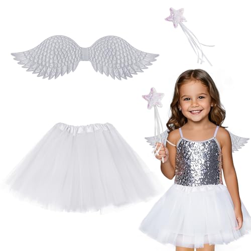 FloraMolly Kostüm Kinder Mädchen Set, weiße Röcke Flügel und Wand Mädchen verkleiden sich für Geburtstagsparty Verkleiden Halloween 3-8 Jahre von FloraMolly