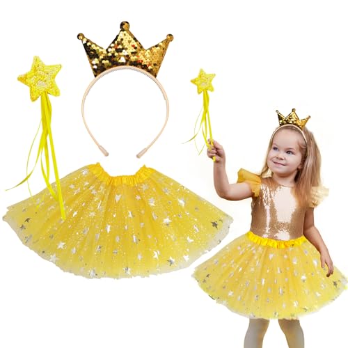 FloraMolly Röcke für Mädchen 3-Lagen Gelbe Krone Stirnband Fee Wand Prinzessin Kostüm Set für Geburtstagsparty Dress Up Halloween Neujahr Weihnachten 3-8 Jahre von FloraMolly