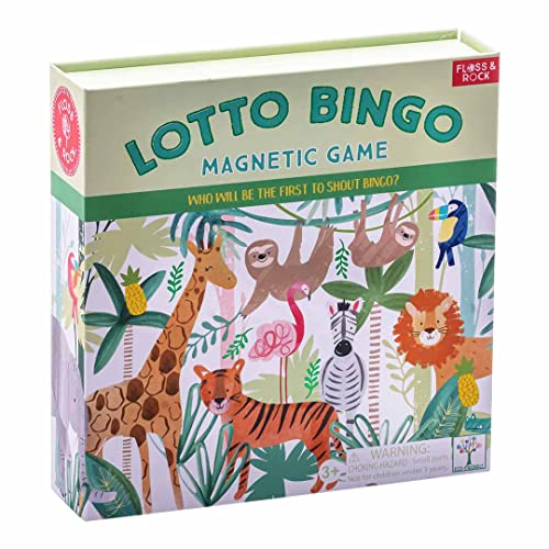 Floss & Rock Jungle Magnetisches Lotto Bingo Kinder Spiel Set mit 20 Bildkarten, 4 Lotto Bingo Boards, 36 Bingo-Spielsteinen und Stofftasche zur Aufbewahrung von Floss & Rock