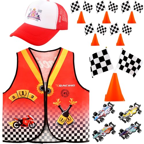 24-teiliges Rennfahrer-Kostümset für Kinder: Rennfahrerweste, Automütze, Rückziehautos, Spielzeugmodell-Set, Leitkegel und Zielflagge für eine Rennfahrer-Geburtstagsparty mit Rennwagen-Motiv für Junge 24-teiliges Rennfahrer-Kostümset für Kinder: Rennfahrerweste, Automütze, Rückziehautos, Spielzeugmodell-Set, Leitkegel und Zielflagge für eine Rennfahrer-Geburtstagsparty mit Rennwagen-Motiv für Junge von Flotory