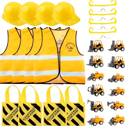 28-teiliges Bauarbeiterkostüm für Kinder: 4 Arbeiterwesten, 4 Bauarbeiterhelme, 4 Goodie Bags, 4 Schutzbrillen und 12 Bauarbeiter-LKW-Spielzeuge für Halloween-Partys (Farbset 1) von Flotory
