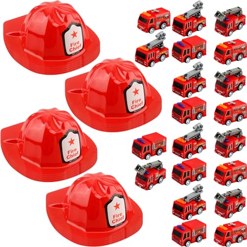 40 Feuerwehr-Partygeschenke für Kinder, inklusive 20 Kunststoff-Feuerwehrhelmen, 20 Mini-Feuerwehrautos mit Rückziehfunktion und Feuerwehrhut für Jungen und Mädchen, als Geschenk für die Tasche. von Flotory