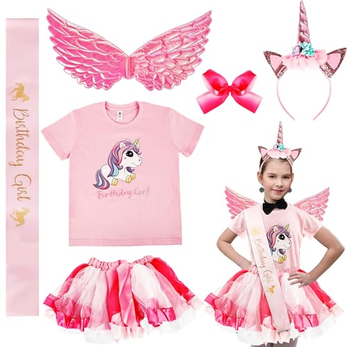 Einhorn Geburtstag Outfit Einhorn T-Shirt Feenflügel Rosa Tutu Kleid Haarschleife Stirnband für Geburtstag Kostüm Party Favor, 3 Größen (3-4 Jahre (130 cm) von Flotory
