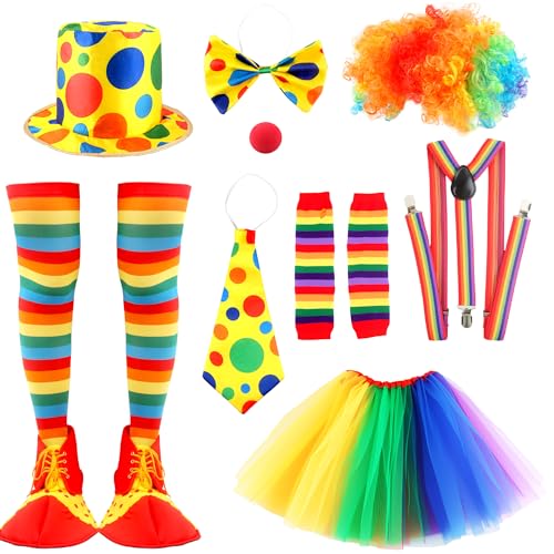 Flotory 10-teiliges Clown-Kostüm-Set mit roten Nasen, Weste, Regenbogen, Tutu, Rock, Hut, Perücke, Fliege und Handschuhe, Clown-Outfit für Erwachsene, Kinder, Halloween, Cosplay, Karneval Flotory 10-teiliges Clown-Kostüm-Set mit roten Nasen, Weste, Regenbogen, Tutu, Rock, Hut, Perücke, Fliege und Handschuhe, Clown-Outfit für Erwachsene, Kinder, Halloween, Cosplay, Karneval von Flotory