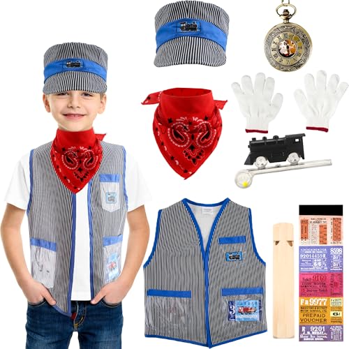Flotory 10-teiliges Lokführer-Kostüm-Set für Kinder, Lokführermütze, Weste und Pfeife, Lokführer-Verkleidung für Jungen und Mädchen, Rollenspiele, Halloween, Cosplay von Flotory