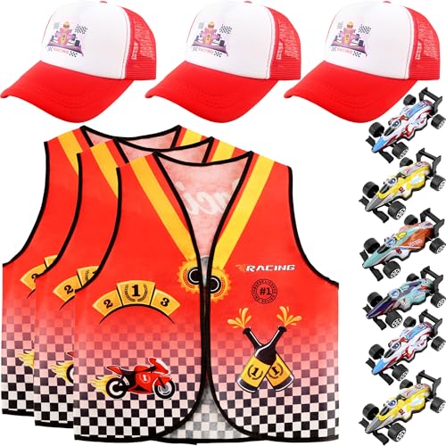 Flotory 12-teiliges Kinder-Rennfahrer-Kostüm, Rennfahrerweste, Automütze, Pullback-Autos, Rennfahrer-Verkleidungswesten-Set für Jungen und Mädchen, Rennauto-Mottoparty, Halloween, Rollenspiel von Flotory