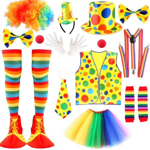 Flotory 15-teiliges Clown-Kostüm-Set für Erwachsene, enthält Perücke, Nase, Regenbogen-Tutu, Rock, Hut, Clown-Kostüm, Zubehör für Halloween, Herren, Damen, Karneval, Cosplay Flotory 15-teiliges Clown-Kostüm-Set für Erwachsene, enthält Perücke, Nase, Regenbogen-Tutu, Rock, Hut, Clown-Kostüm, Zubehör für Halloween, Herren, Damen, Karneval, Cosplay von Flotory