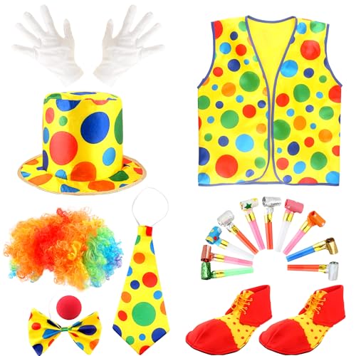 Flotory 18-teiliges Clown-Kostüm-Set für Erwachsene, enthält 10 Party-Hörner, Geräuschmacher, Clown-Weste, Kostüm, Outfit für Damen und Herren, Halloween, Cosplay Flotory 18-teiliges Clown-Kostüm-Set für Erwachsene, enthält 10 Party-Hörner, Geräuschmacher, Clown-Weste, Kostüm, Outfit für Damen und Herren, Halloween, Cosplay von Flotory