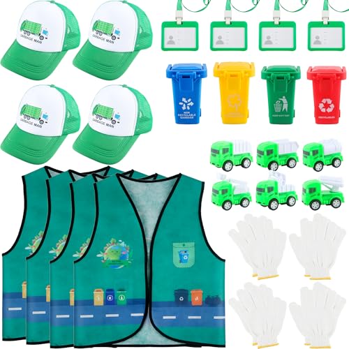 Flotory 26 Stück Kinder Abfallmanagement Kostüm Management Müllwagen Spielzeug Hut Handschuhe Ausweis Recycling Müllweste für Cosplay Karriere Tag von Flotory