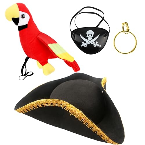 Flotory 4-teiliges Kinder-Kolonialhut-Kostümset mit ausgestopftem Papagei auf der Schulter und Augenklappen. Kolonialer Dreispitz-Hut für Jungen und Mädchen, Halloween, Maskerade, Party, Cosplay Flotory 4-teiliges Kinder-Kolonialhut-Kostümset mit ausgestopftem Papagei auf der Schulter und Augenklappen. Kolonialer Dreispitz-Hut für Jungen und Mädchen, Halloween, Maskerade, Party, Cosplay von Flotory