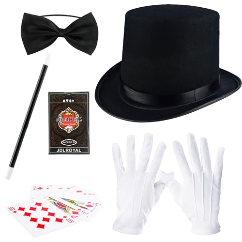 Flotory 5 Stück Halloween-Magier-Kostüm-Zubehör, inklusive Magierhut, Zauberstab, Handschuhe, Bonus-Fliege, Karten, Magierhut für Erwachsene, Cosplay-Party von Flotory