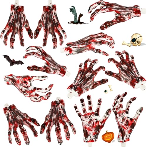 Flotory 6 Paar Halloween Blutige Skelett Hände Kunststoff Rote Schädel Hände Halloween Realistische Abgetrennte Hand Zubehör für Halloween Requisiten Dekorationen von Flotory