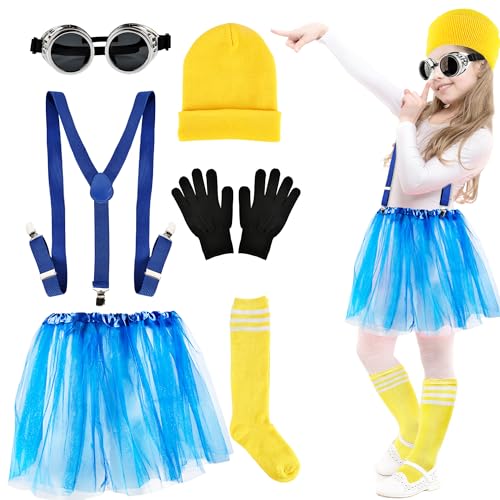 Flotory 6-teiliges gelbes Kostümzubehör mit blauem Tutu-Rock, Hosenträgern, Beanie-Mütze, gelbes Kostüm-Set für Kinder, Halloween, Cosplay, Party, Verkleiden Flotory 6-teiliges gelbes Kostümzubehör mit blauem Tutu-Rock, Hosenträgern, Beanie-Mütze, gelbes Kostüm-Set für Kinder, Halloween, Cosplay, Party, Verkleiden von Flotory