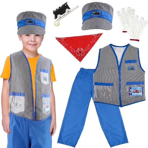 Flotory 7-teiliges Kinder-Kostüm-Set, Zugingenieur, Hut, Weste, Bandana, Zugleiter, Outfit für Jungen und Mädchen, Verkleidungsparty, Halloween, Karrieretag, Cosplay Flotory 7-teiliges Kinder-Kostüm-Set, Zugingenieur, Hut, Weste, Bandana, Zugleiter, Outfit für Jungen und Mädchen, Verkleidungsparty, Halloween, Karrieretag, Cosplay von Flotory