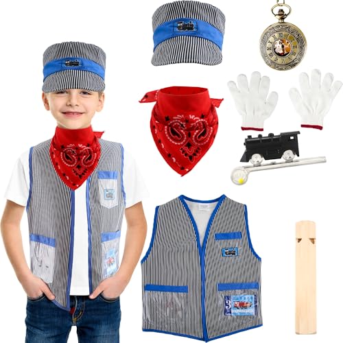 Flotory 8-teiliges Lokführer-Kostüm-Set für Kinder, Lokführer-Outfit, Lokführermütze, Lokführer-Verkleidungsset für Rollenspiele, Karrieretag, Rollenspiele, Halloween,Partys von Flotory