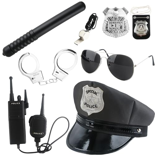 Flotory 8-teiliges Polizei-Kostüm-Zubehör, Polizistenhut, Polizisten-Kostüm-Set für Erwachsene, Kinder, Halloween, Verkleidungsparty, Farbe: Stil 1, Einheitsgröße von Flotory