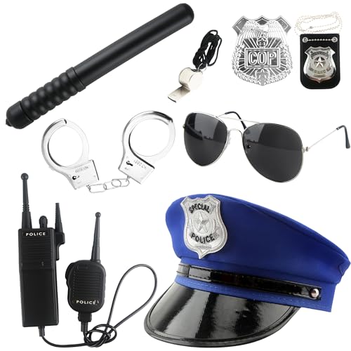 Flotory 8-teiliges Polizei-Kostüm-Zubehör, Polizistenhut, Polizisten-Kostüm-Set für Erwachsene, Kinder, Halloween, Verkleidungsparty, Farbstil 2:, Einheitsgröße von Flotory