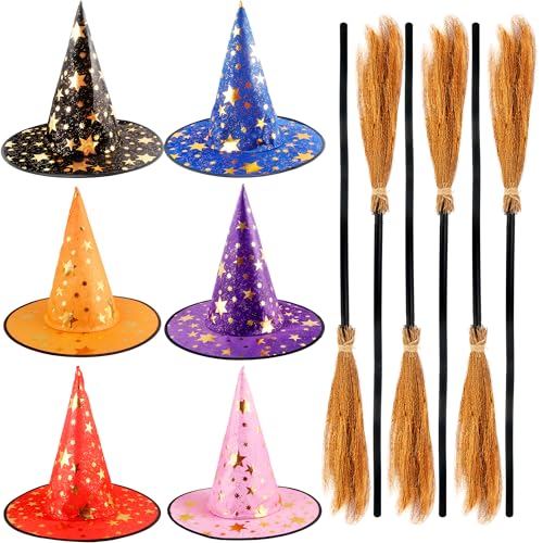 Flotory Hexen-Zauberer-Kostüm für Kinder, Zubehör, Hexenbesen, Hexenhut, Hexe, Zauberer, Requisiten für Cosplay, Party, Verkleidung, 12 Stück (Farbset 2) von Flotory