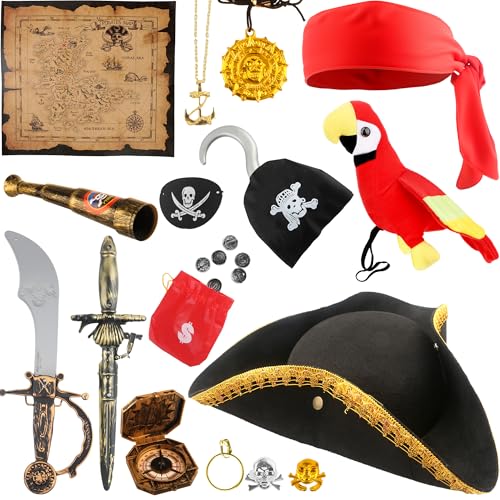 Flotory Piratenhut für Kinder, gefüllter Papagei auf der Schulter, Augenklappen, Kolonial-Dreihornhut, Zubehör für Jungen, Mädchen, Halloween, Party, Cosplay, 16-teilig (Farbstil 1) von Flotory