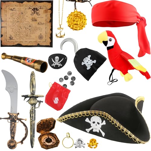 Flotory Piratenhut für Kinder, gefüllter Papagei auf der Schulter, Augenklappen, Kolonial-Dreihornhut, Zubehör für Jungen, Mädchen, Halloween, Party, Cosplay, 16-teilig (Farbstil 2) von Flotory