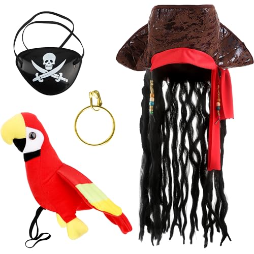 Flotory Piratenkostüm, Hut für Herren, Piratenhut, Papagei auf Schulter, Dreadlocks für Erwachsene, Halloween, Cosplay, Party, Braun, 4 Stück Flotory Piratenkostüm, Hut für Herren, Piratenhut, Papagei auf Schulter, Dreadlocks für Erwachsene, Halloween, Cosplay, Party, Braun, 4 Stück von Flotory