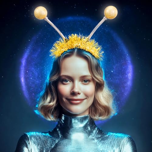 Flovel Halloween LED Alien Antennen Haarreif Leuchtender Konzert Haarband Party Karneval Kopfschmuck für Frauen (Gold, 8.32) von Flovel