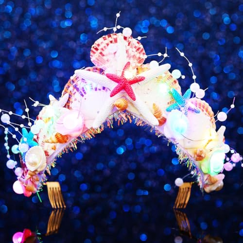 Flovel Leuchtendes Muscheln Seestern Krone LED Glitzernde Party Tiara Light Up Meereskopfschmuck für Damen von Flovel