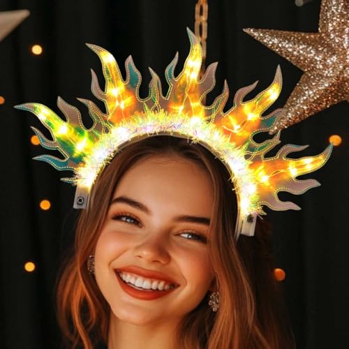Flovel Leuchtendes Stirnband Feuer Stirnbänder LED Flammen Haarband Halloween Party Leuchtend Haarreif Rave Haar Accessoires für Frauen (Gelb) von Flovel