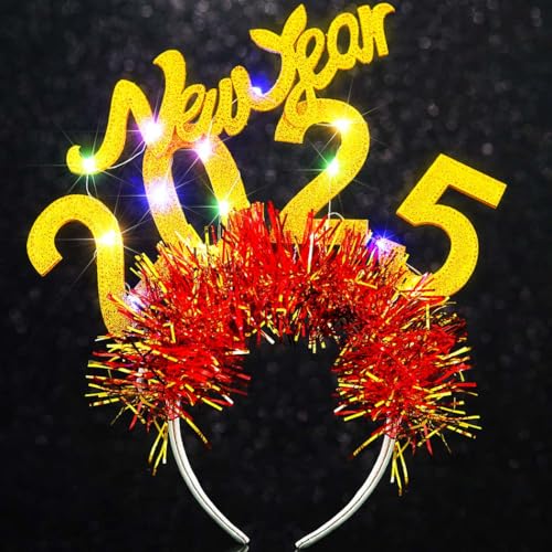 Flovel Leuchtendes Silvester Karneval Stirnband Das Neue Jahr 2025 Leuchtende Stirnbänder LED Haarband Festival Party Rave Haar Accessoires für Frauen(Gold, Einheitsgröße) von Flovel