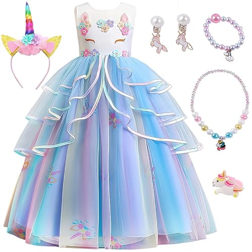 Kostüm Einhorn Mädchen Kleid Einhorn Prinzessin Kinder mit Zubehör Kostüm Einhorn für Halloween Karneval Weihnachten Party Geburtstag Zeremonie Abend Cosplay Kostüm, blau, 130 cm Kostüm Einhorn Mädchen Kleid Einhorn Prinzessin Kinder mit Zubehör Kostüm Einhorn für Halloween Karneval Weihnachten Party Geburtstag Zeremonie Abend Cosplay Kostüm, blau, 130 cm von Flowhole