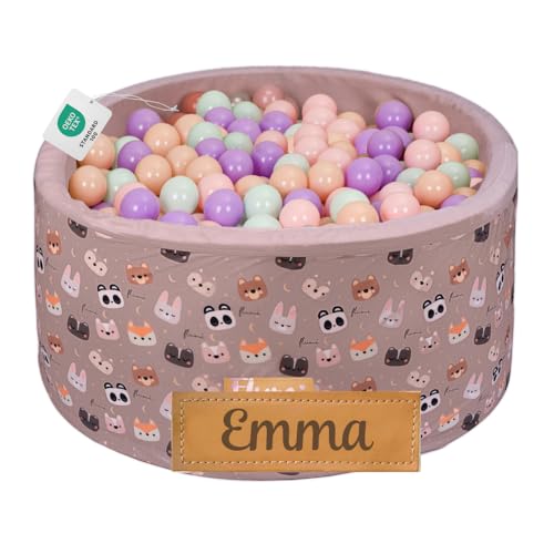 Flumi Personalisierte Bällebad Baby ab 1 Jahr - Bällepool Kinder 90x40cm mit 200 Bällebad Bälle ∅ 7cm in EU hergestellt - Oeko-TEX und CE-Zertifiziert - (Beige/Bärchen) von Flumi