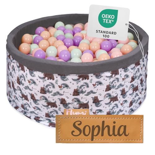 Flumi Personalisierte Bällebad Baby ab 1 Jahr - Bällepool Kinder 90x40cm mit 200 Bällebad Bälle ∅ 7cm in EU hergestellt - Oeko-TEX und CE-Zertifiziert - (Weiß/Bären) von Flumi