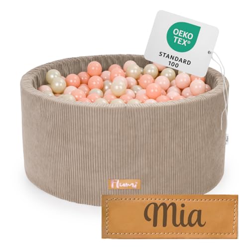 Flumi Personalisierte Bällebad Kinder ab 1 Jahr - Bällepool Baby 90x40cm mit 200 Bällebad XXL bällebadbälle ∅ 7cm in EU hergestellt - (Kord Dunkelbeige) von Flumi