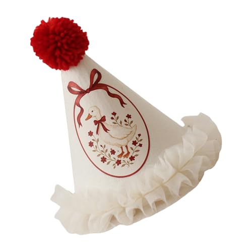 Fluxioxtna Festival Elastizität Kopfbedeckung Entlein/Blumenmuster Stickerei Spitze Weiche Pompoms Party Accessoire Pompoms Dekorierte Geburtstagshut von Fluxioxtna